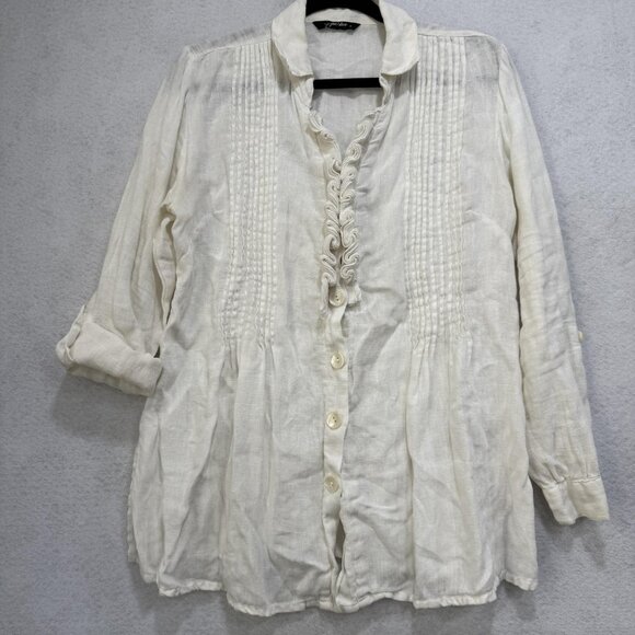 Paper Lace Shirt Womens Small White Linen Button Front Long Sleeve Ruffle Top - Picture 8 of 12